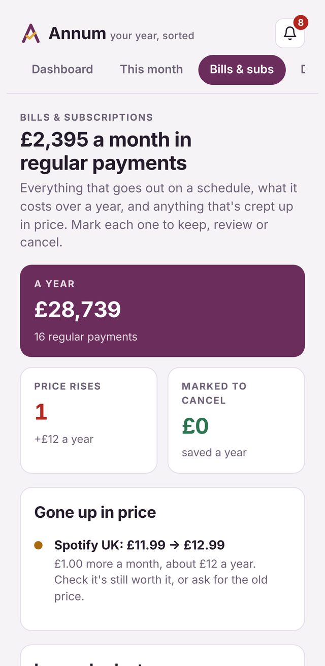 Annum bills and subscriptions screen showing a Spotify price rise