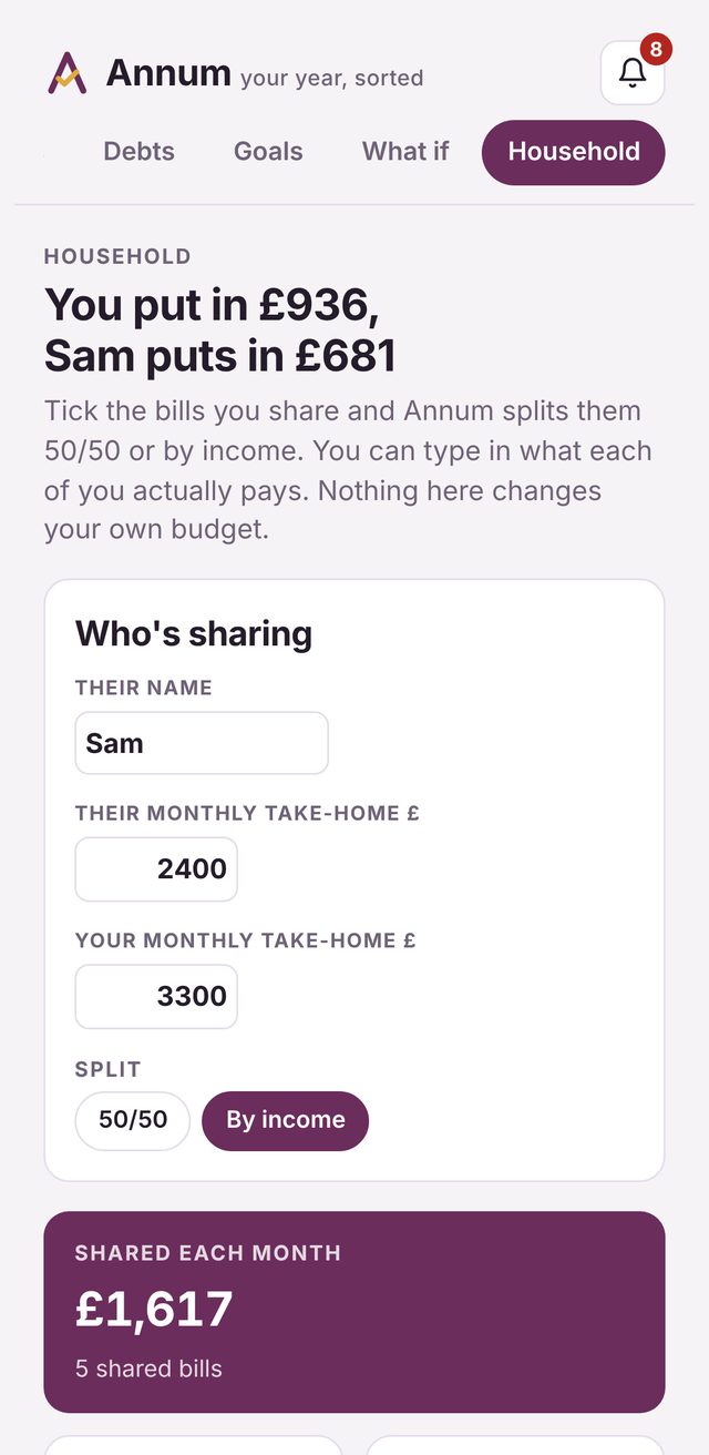 Annum household screen splitting shared bills between two people